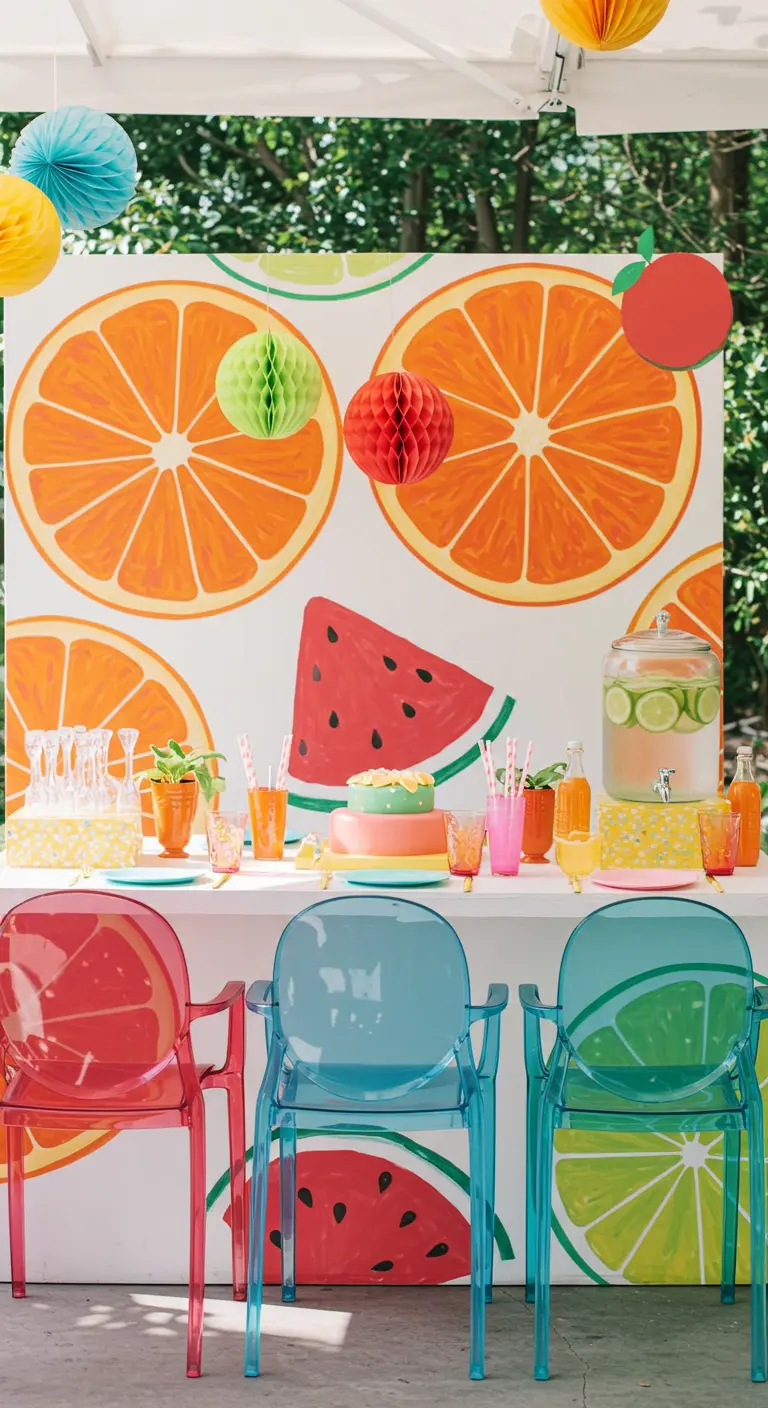 A vibrant backdrop painted with large citrus and watermelon slices behind a colorful party table.