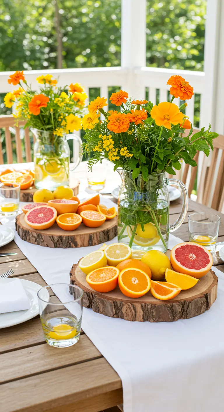 A sunny table with a white runner, where wood slices are piled high with citrus.