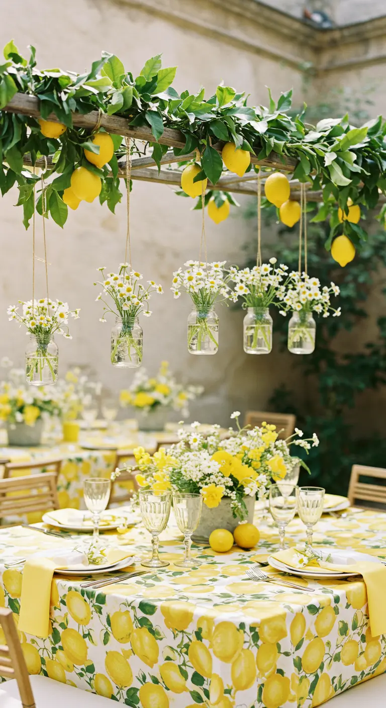 A table with a lemon-print cloth under a hanging ladder decorated with lemons and daisies.