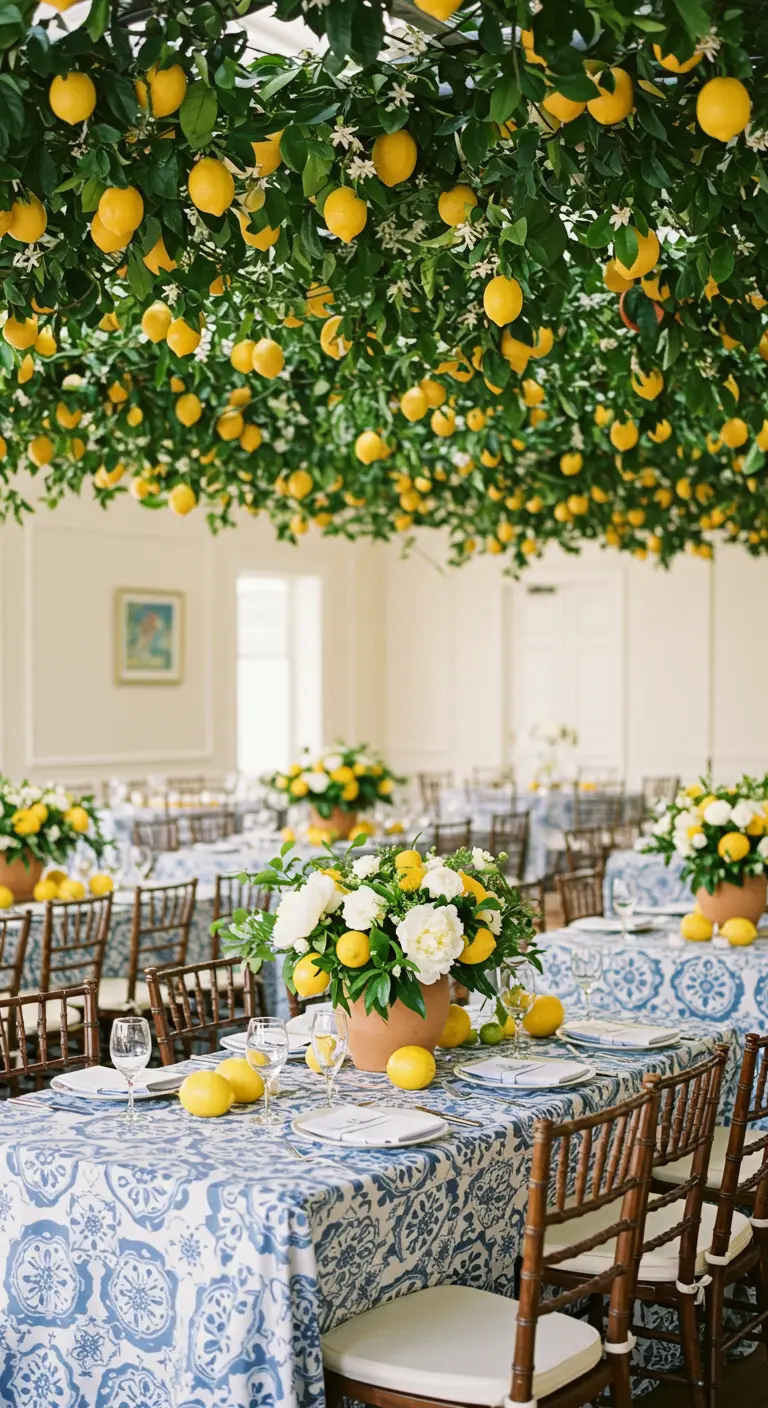 A ceiling covered in lush greenery and bright yellow lemons, creating a lemon grove effect.