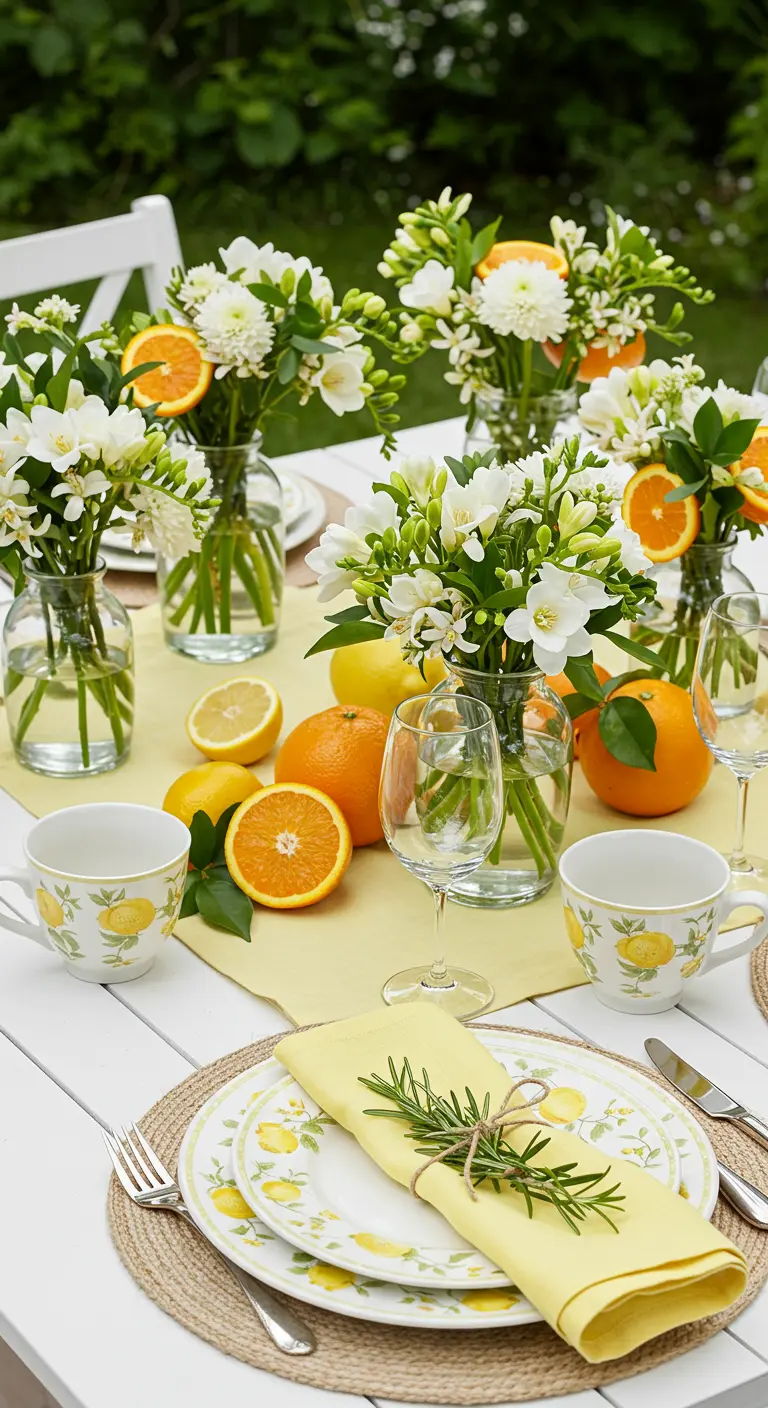 Bright table with lemon-print plates, fresh oranges, and white flowers in glass vases.