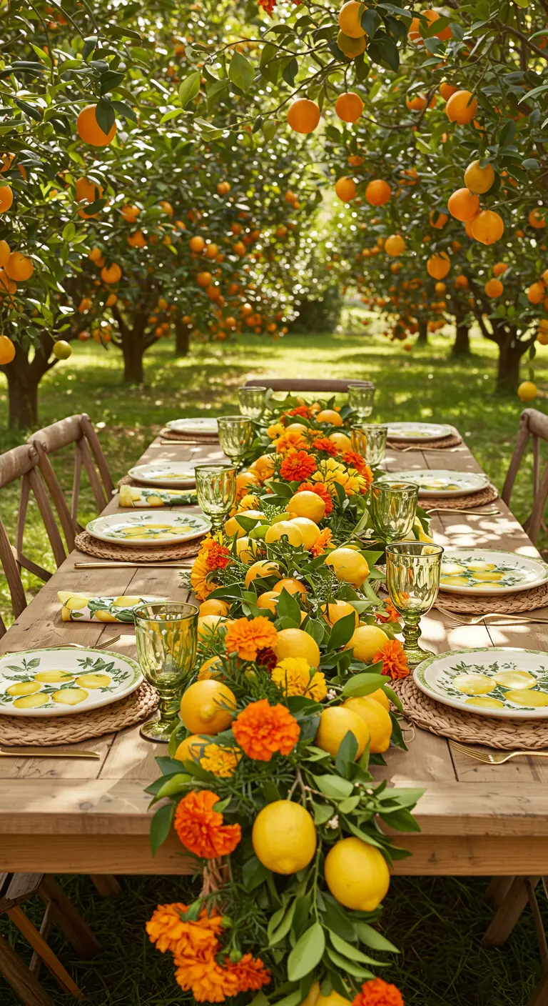 A long wooden table in a lemon grove with a centerpiece of fresh lemons and marigolds.