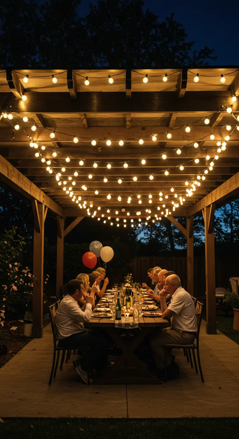 An outdoor dining party under a wooden pergola covered in a canopy of zig-zagged globe lights.
