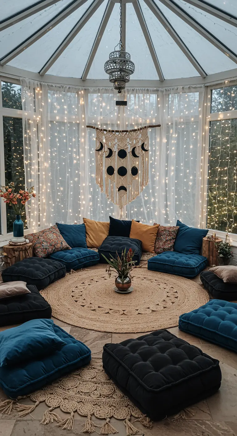 Cozy sunroom with floor cushions, fairy lights, and a macrame moon phase wall hanging.