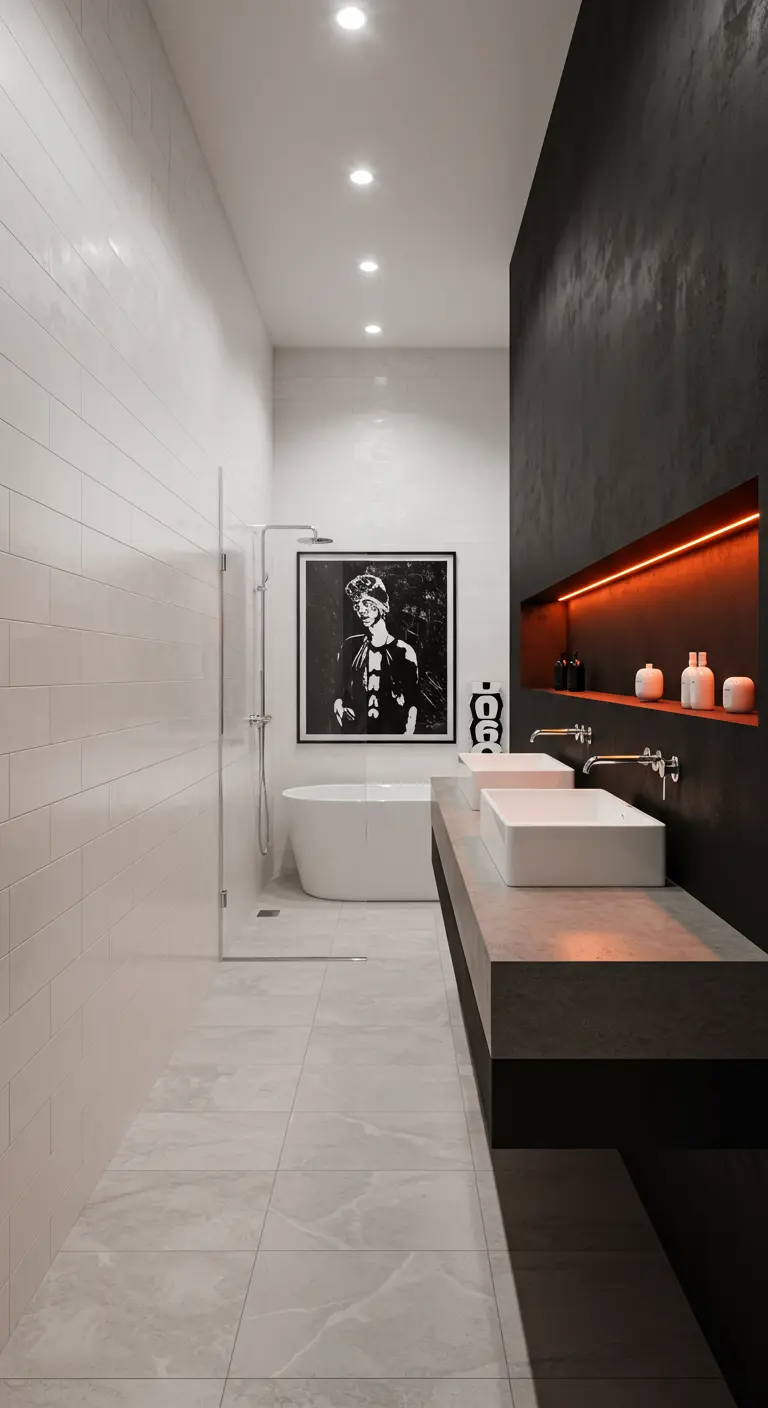 Long bathroom with a black accent wall featuring a recessed shelf with orange lighting.