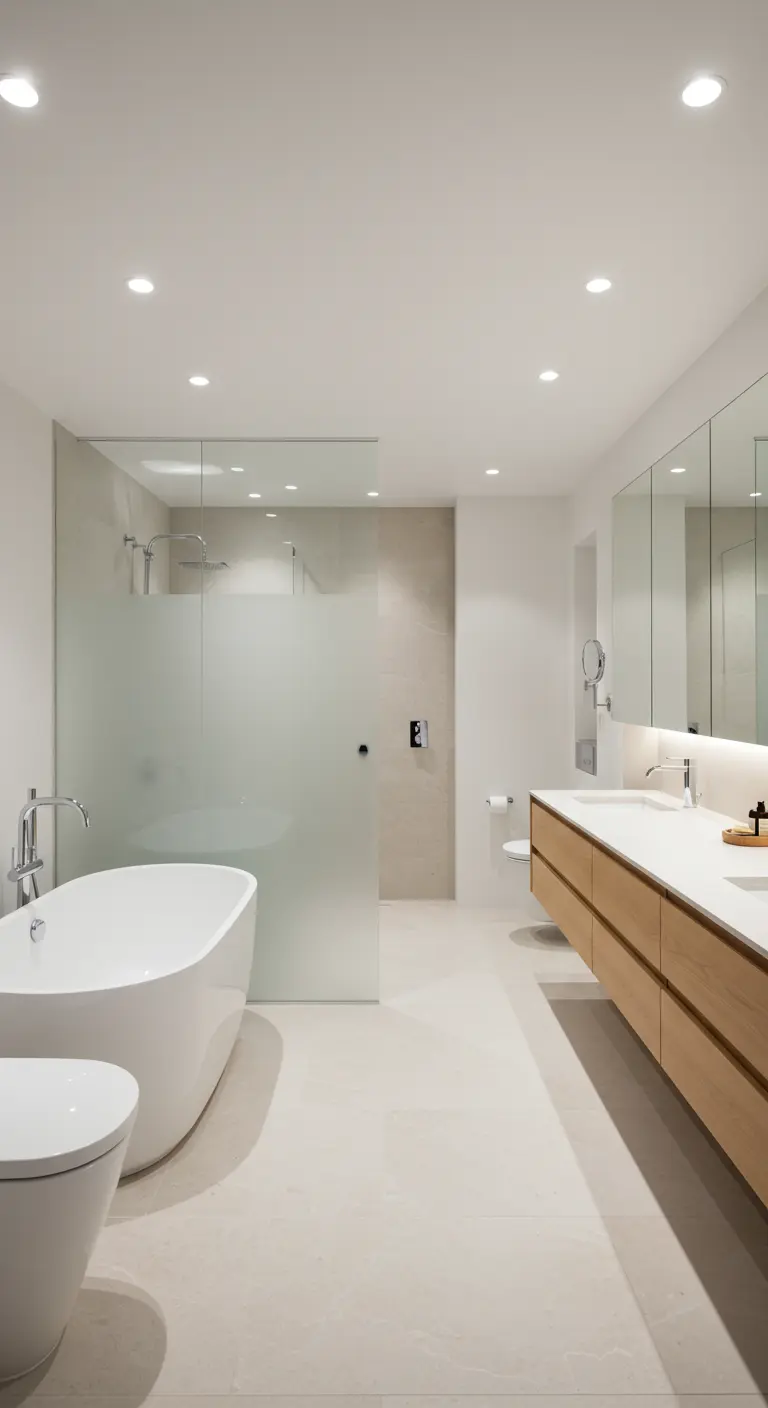 Large minimalist bathroom with a long wood vanity and freestanding tub.
