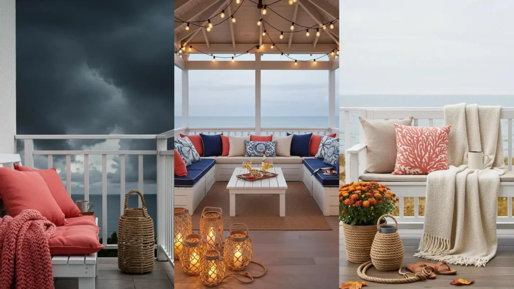 Coastal cottage balconies feature whitewashed benches, coral accent cushions, and charming rope-wrapped lanterns.