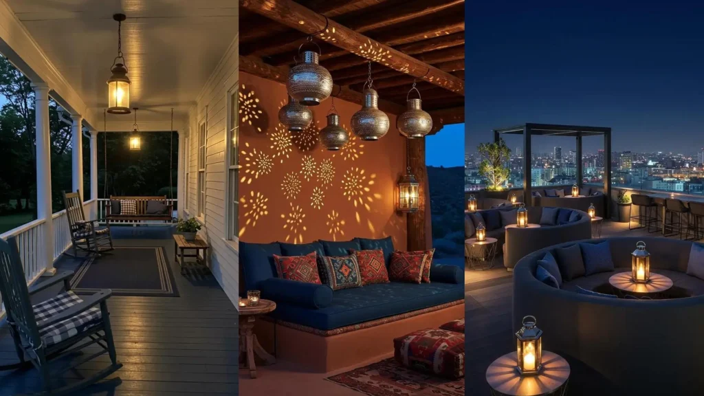 Cozy terrace and patio designs with midnight blue cushions and glowing silver candle lanterns for evening ambiance.