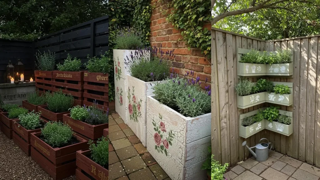 Various stenciled pallet wood fence and standalone planters brimming with fresh herbs, creating a cozy secret garden.
