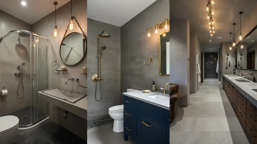Industrial lux bathrooms featuring raw concrete walls, polished nickel fixtures, and glowing Edison bulbs.