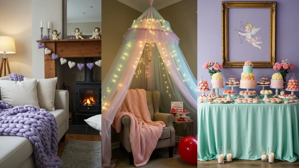 Pastel Valentine's Day decor ideas including a sweet dessert table with cakes, a Cupid print, and cozy heart garlands.