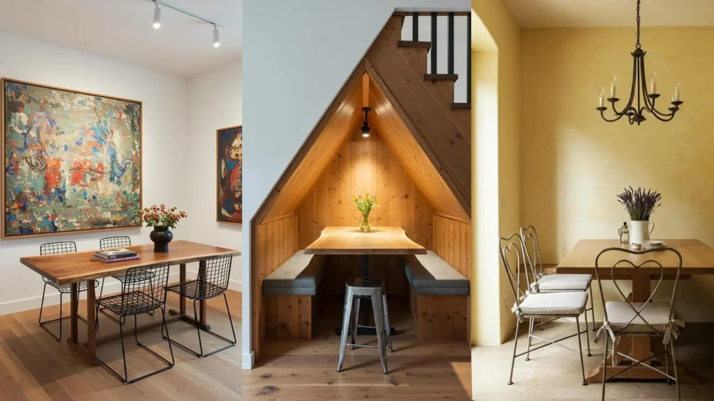 Three rustic chic dining nooks, showcasing live edge wood tables, built-in benches, and elegant wrought iron chairs.