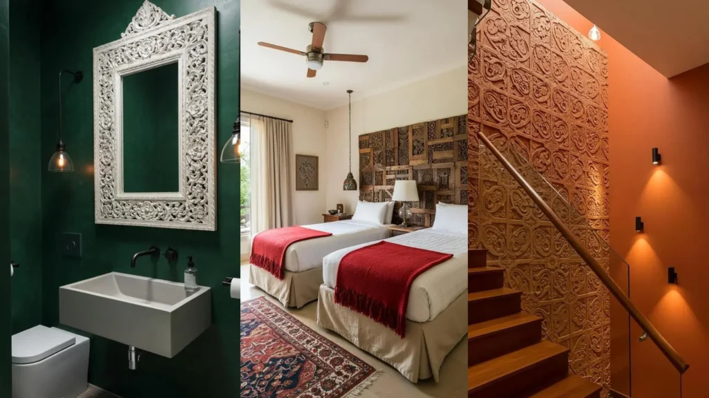 Modern Indian interiors with carved wood accents, bold green bathroom, serene bedroom, and an orange staircase.