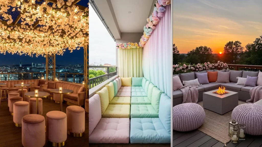 Three diverse patios showcasing pastel cushions, colorful floral garlands, and cozy outdoor styling.
