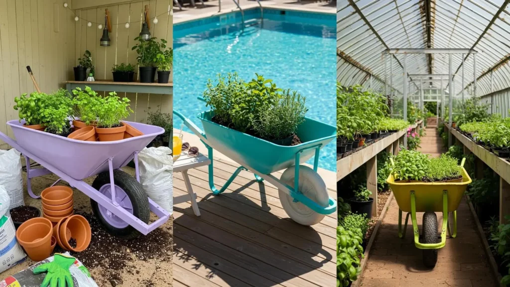 Pastel wheelbarrow herb garden planters, including purple, teal, and yellow designs, in various outdoor settings.