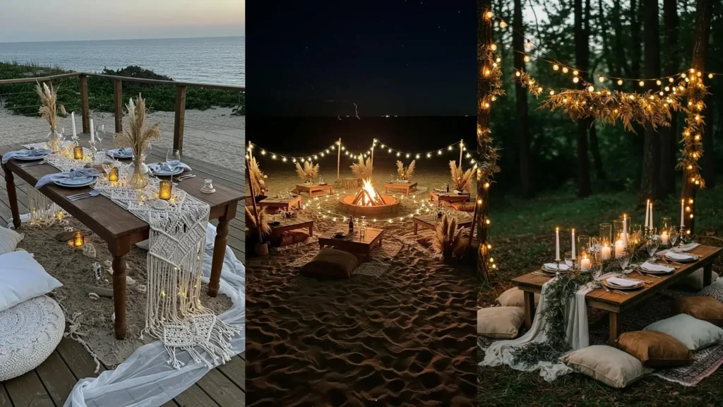 Three intimate boho wedding tablescapes featuring dried flowers, macrame runners, and twinkling fairy lights.