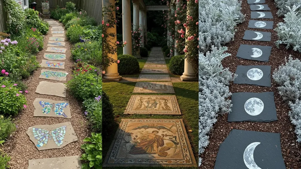 Various hand-painted mosaic stone garden stepping paths, including designs with sea glass inlays like butterflies.