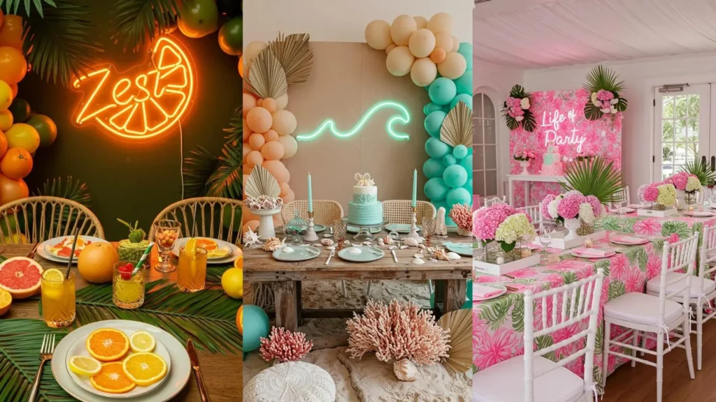 Vibrant tropical birthday table settings featuring palm leaves, diverse decor, and glowing neon signs.
