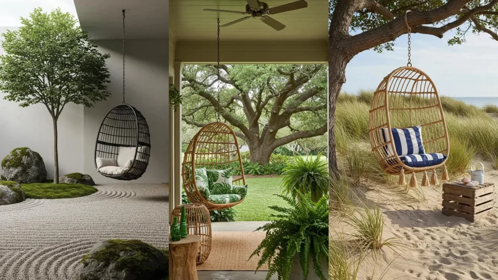 Handwoven rattan egg chairs, some with tassels, hanging from trees like oaks in beautiful outdoor settings.