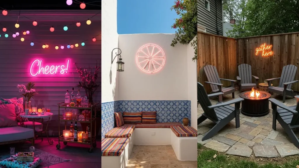 Pastel and pink neon signs illuminating three distinct patios with various outdoor seating and accent lighting.