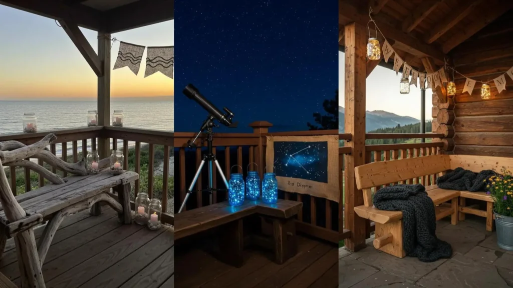 Glowing mason jar lanterns and burlap banners adorn rustic log benches on various terrace corners.