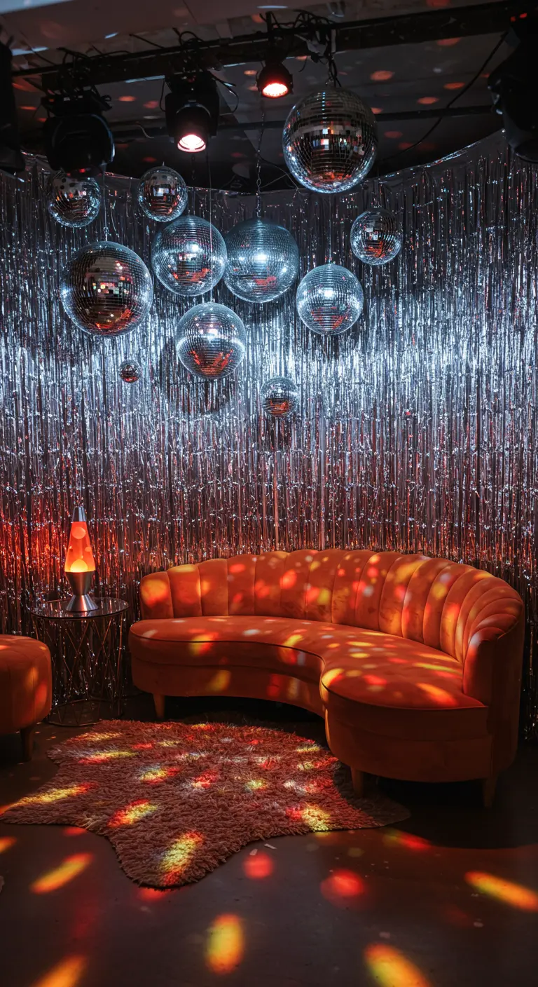 A 70s-style party scene with a silver fringe backdrop, an orange curved sofa, and disco balls.