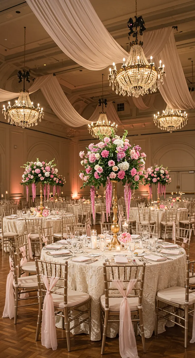 An elegant ballroom with tall floral centerpieces, gold chairs, and draped ceilings.