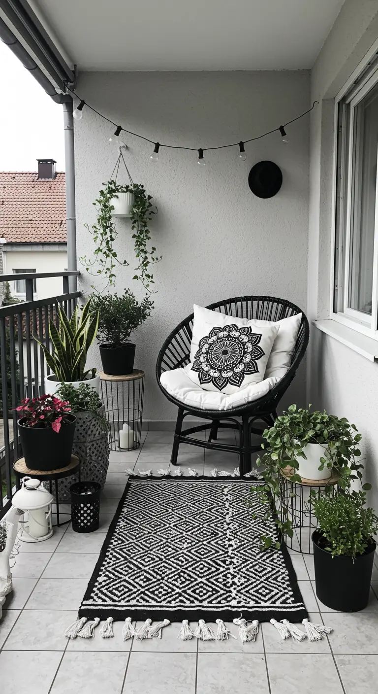 Small boho balcony with a black rattan chair and layered plants.