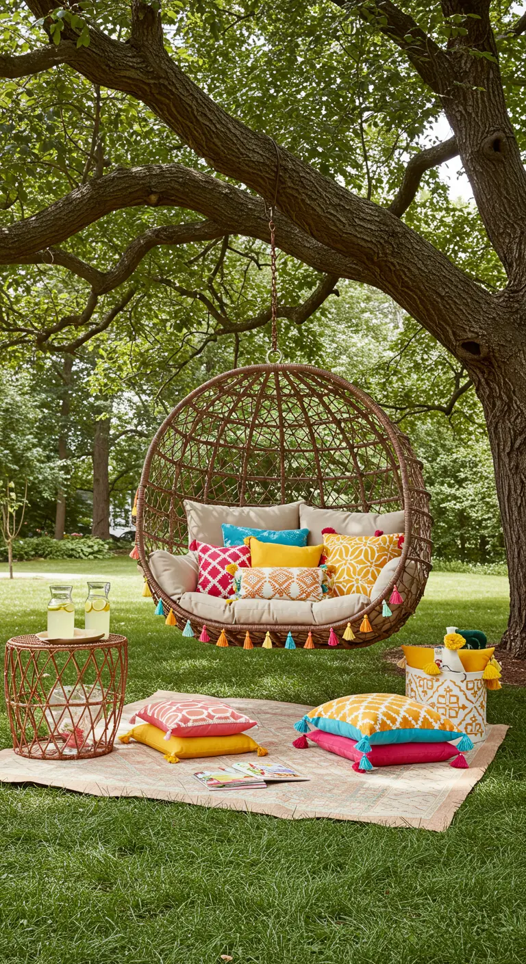 A large rattan egg chair filled with colorful pillows, set for a picnic on the lawn.