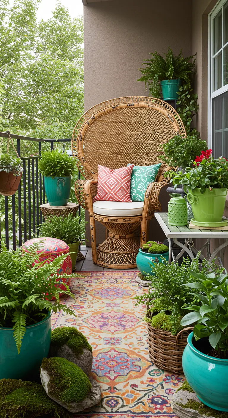 A vibrant balcony with a peacock wicker chair, colorful rug, and bright green and red pots.