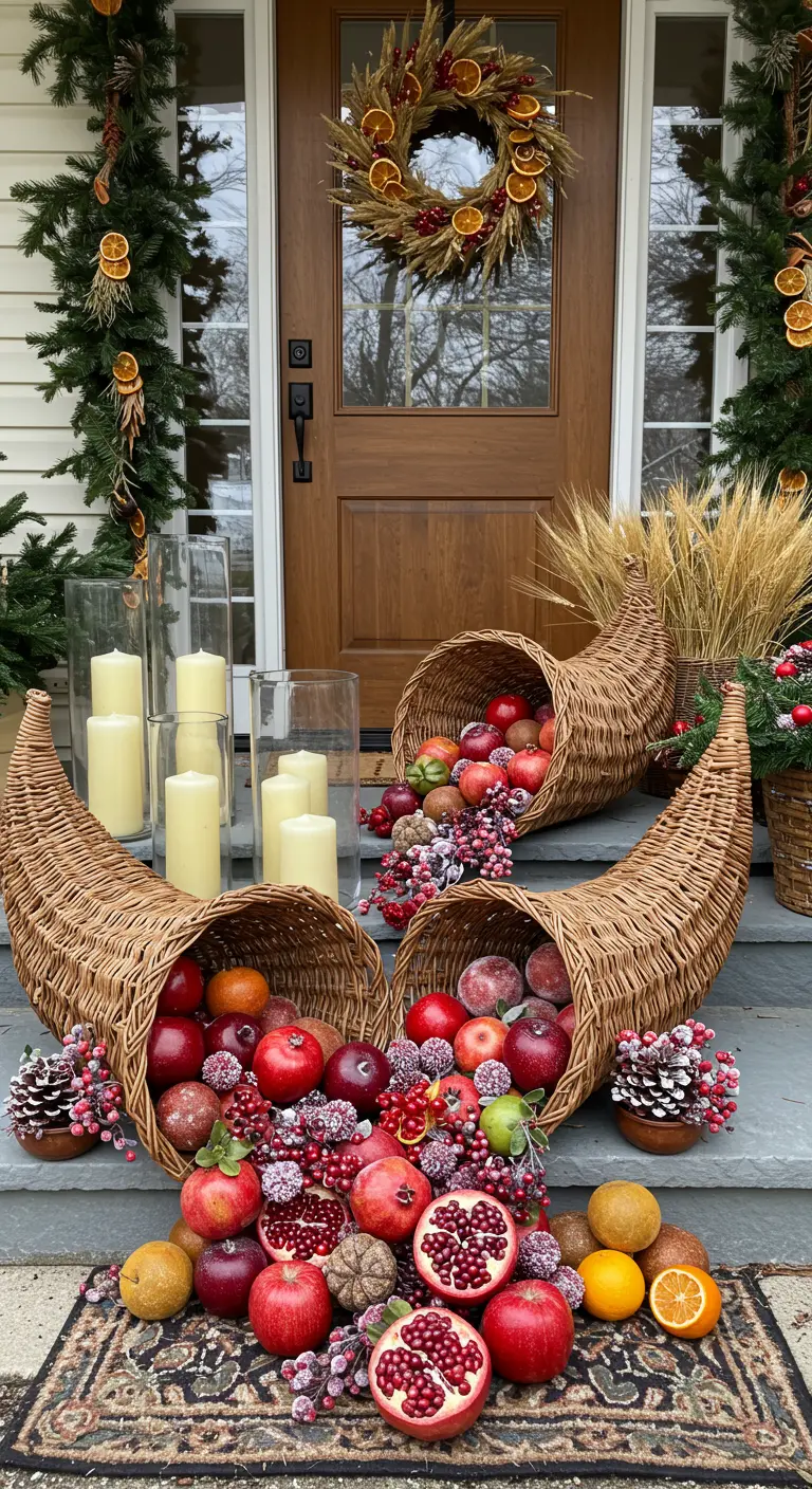 A fall-to-winter display with cornucopia baskets overflowing with fruit and berries on the steps.