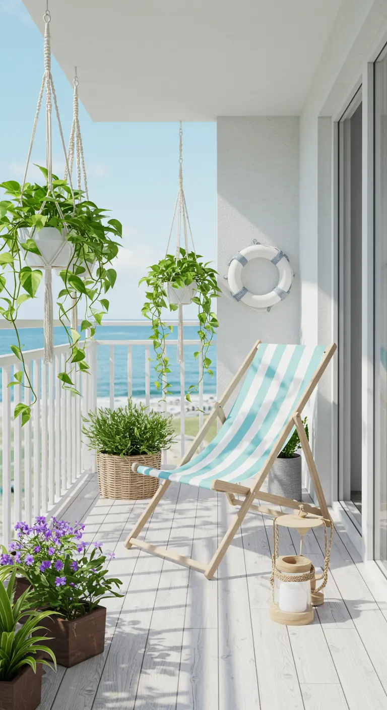 Coastal balcony with a striped deck chair and ocean view.