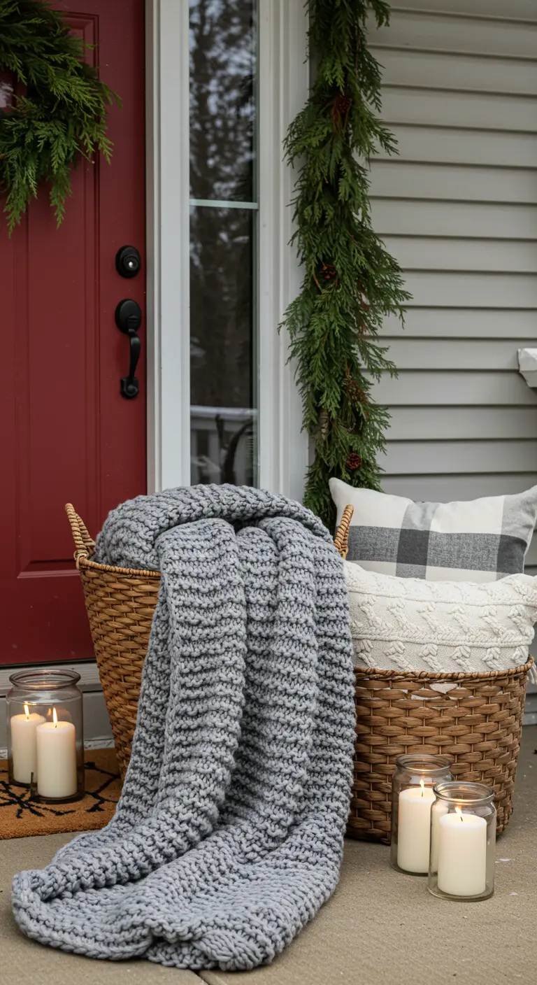 A gray chunky knit blanket cascading out of a woven basket on a porch next to pillows and candles.