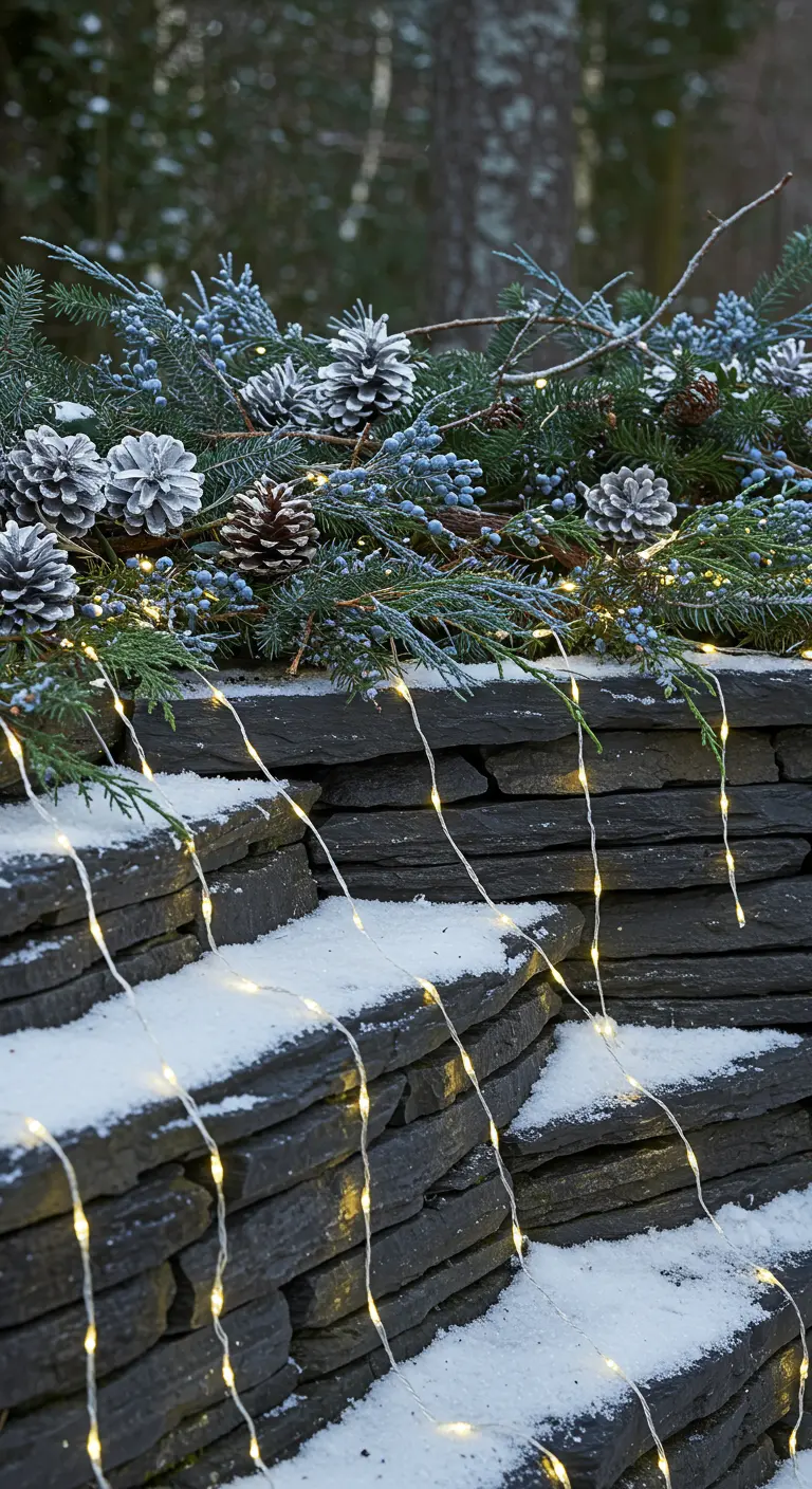 A snow-dusted stone wall with a frosted pinecone garland and cascading fairy lights.