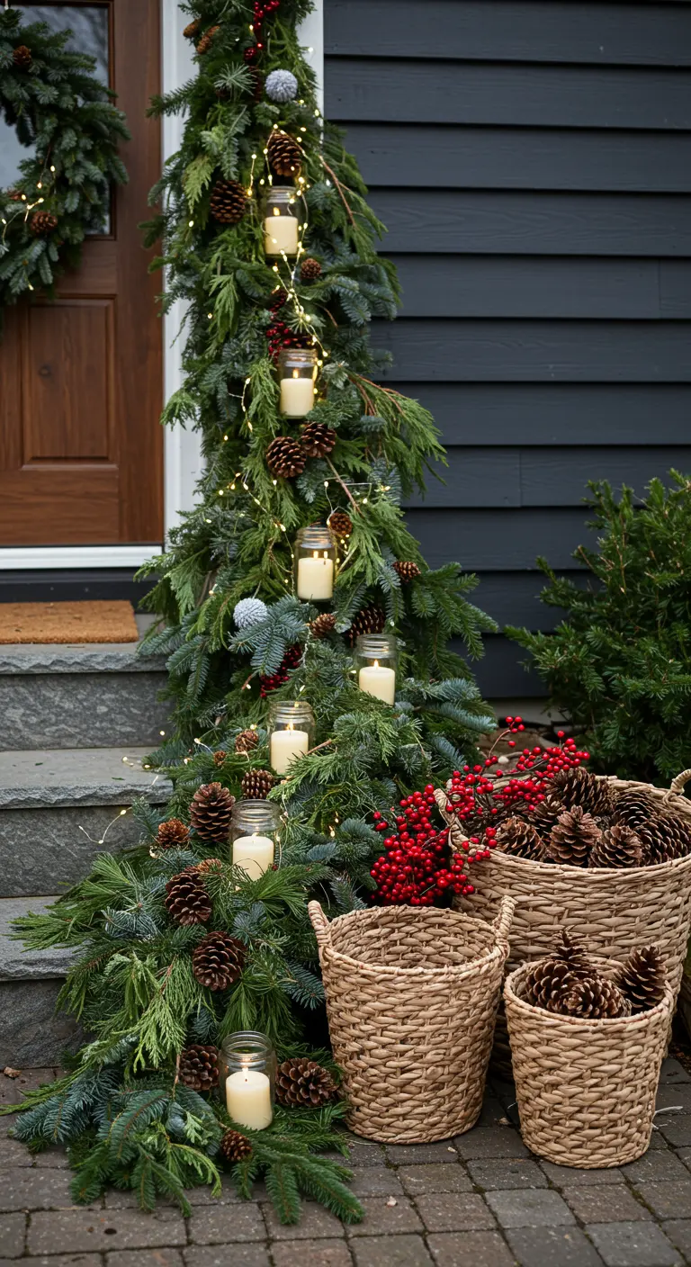 A lush garland cascading down stone steps, intertwined with lights and candles in jars.