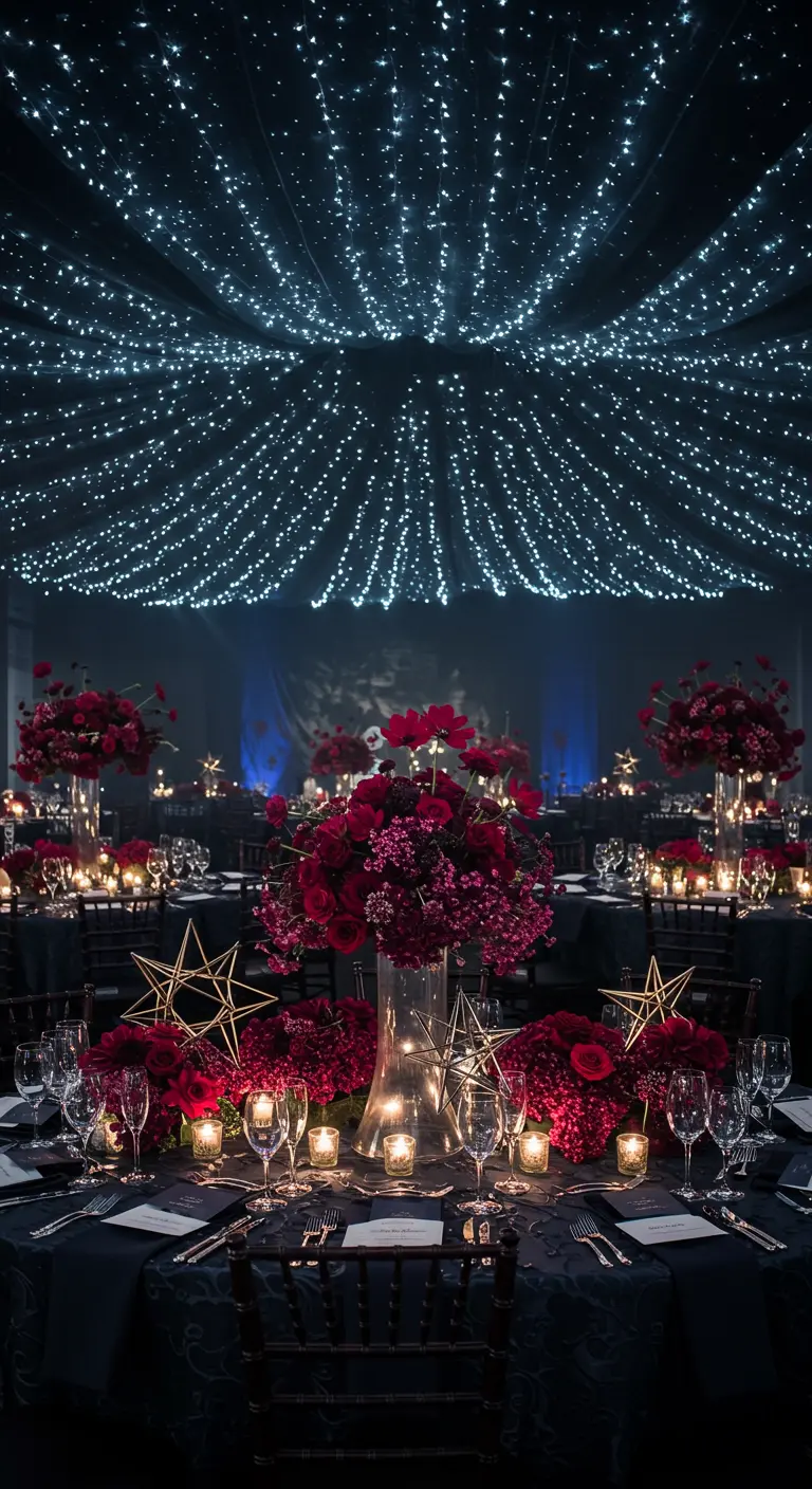 A moody wedding table with burgundy flowers and gold star decorations under a canopy of fairy lights.