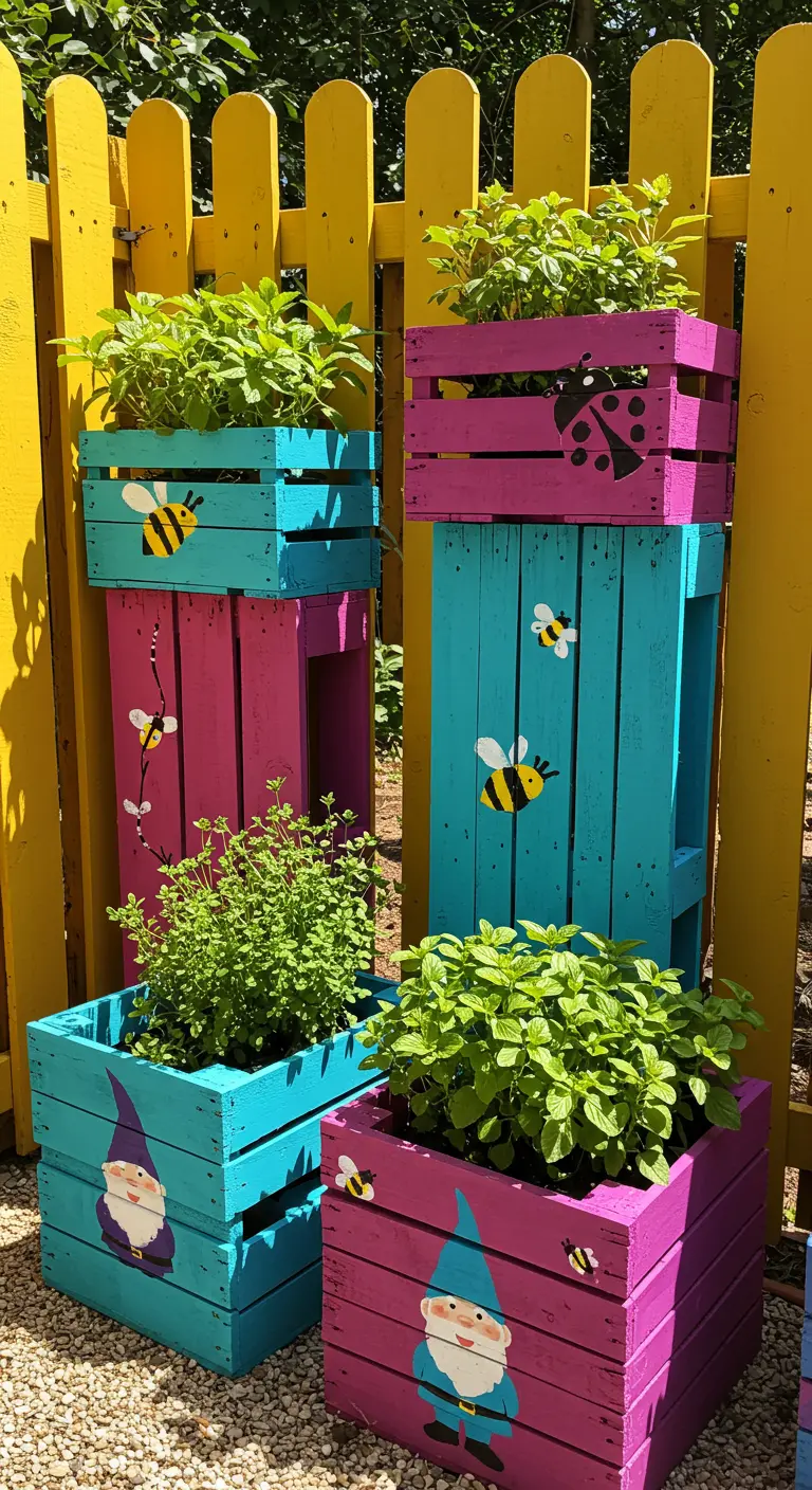 Colorful pallet planters stenciled with gnomes and bees against a yellow fence.