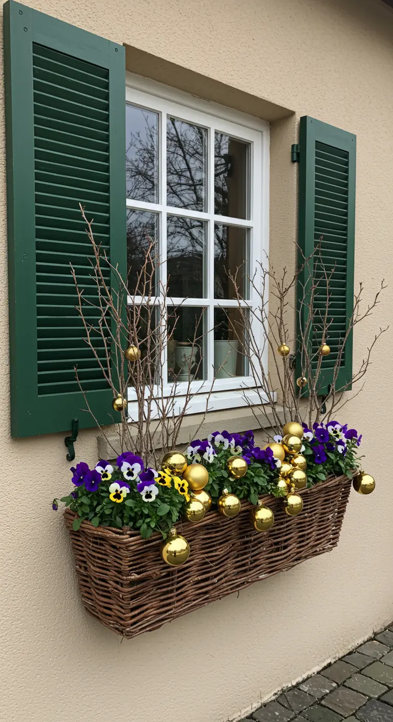 A wicker window box filled with pansies, bare branches, and small gold ornaments.