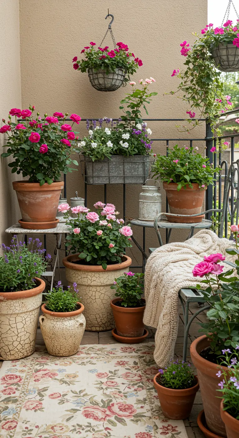 A cozy, romantic balcony filled with pink roses in aged terracotta pots.
