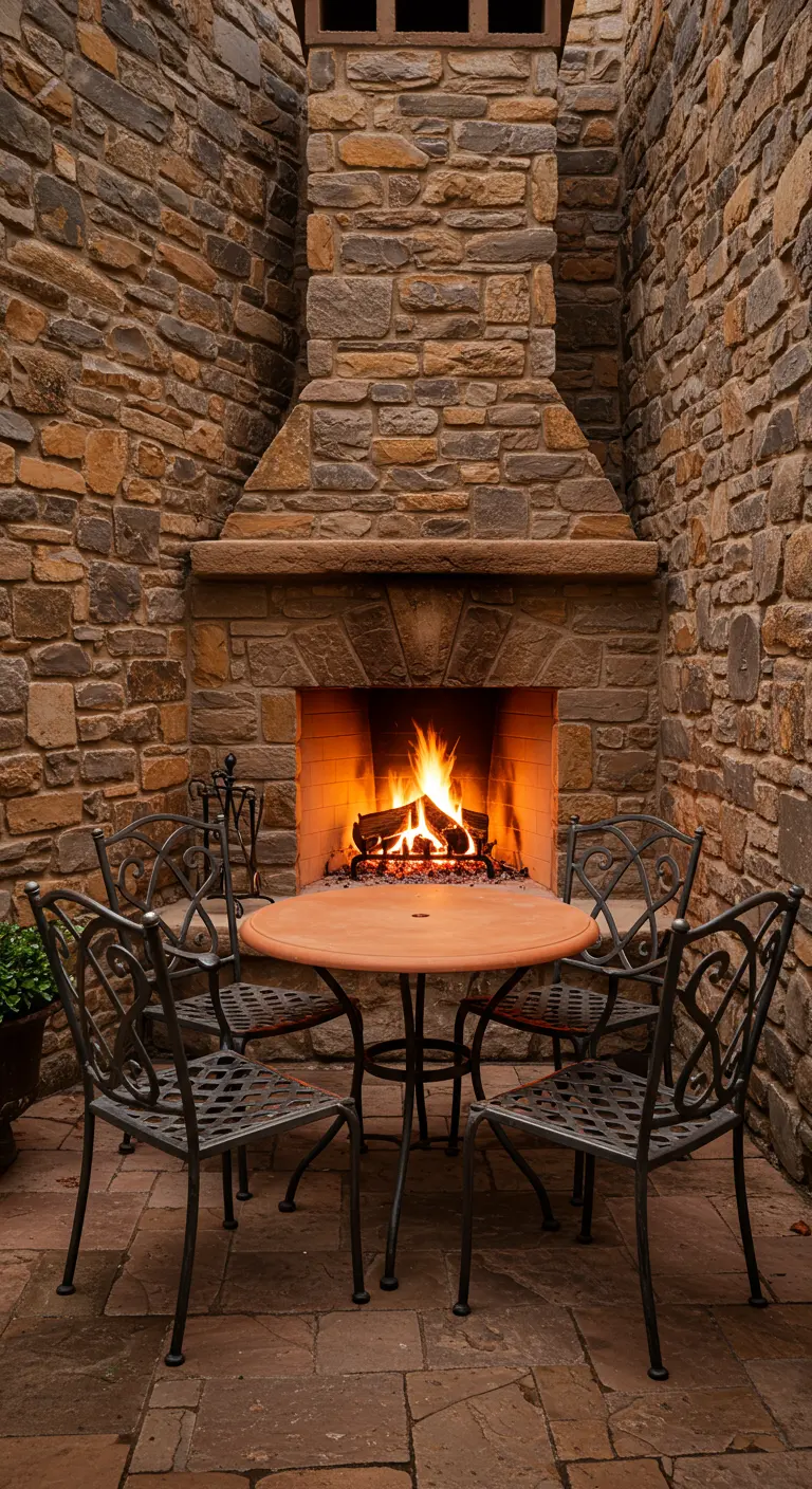 Round terra cotta table and iron chairs in front of a roaring stone fireplace.