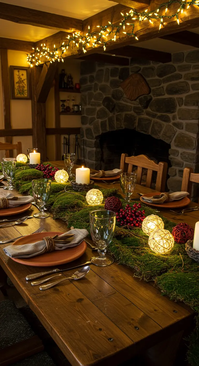 A rustic indoor dining table with a moss runner, rattan light balls, and red berries.