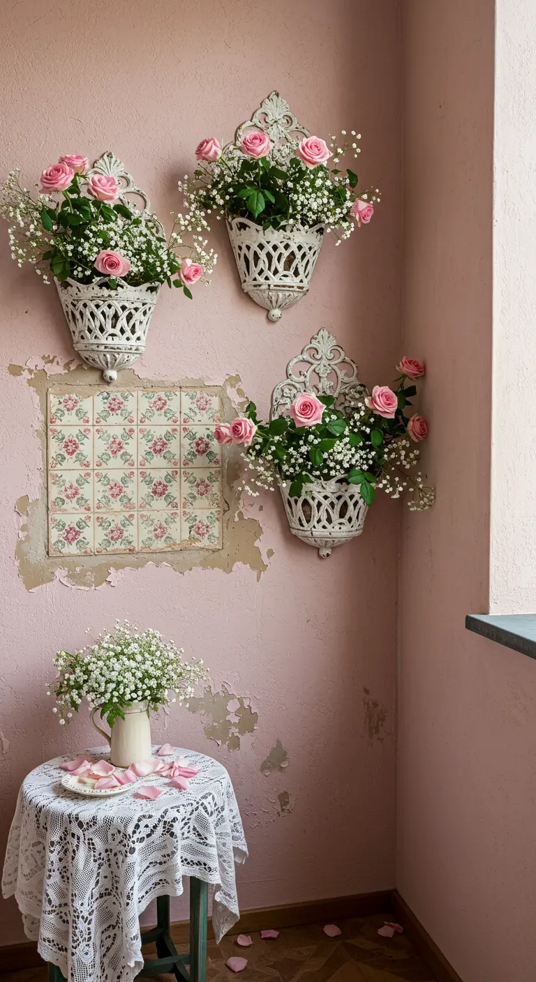 Shabby chic balcony with pink walls, ornate planters with roses, and a lace tablecloth.