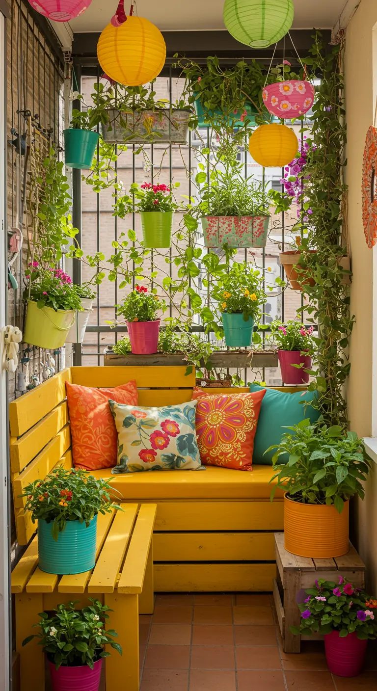 Vibrant balcony with a yellow bench, colorful pillows, hanging lanterns, and many potted plants.
