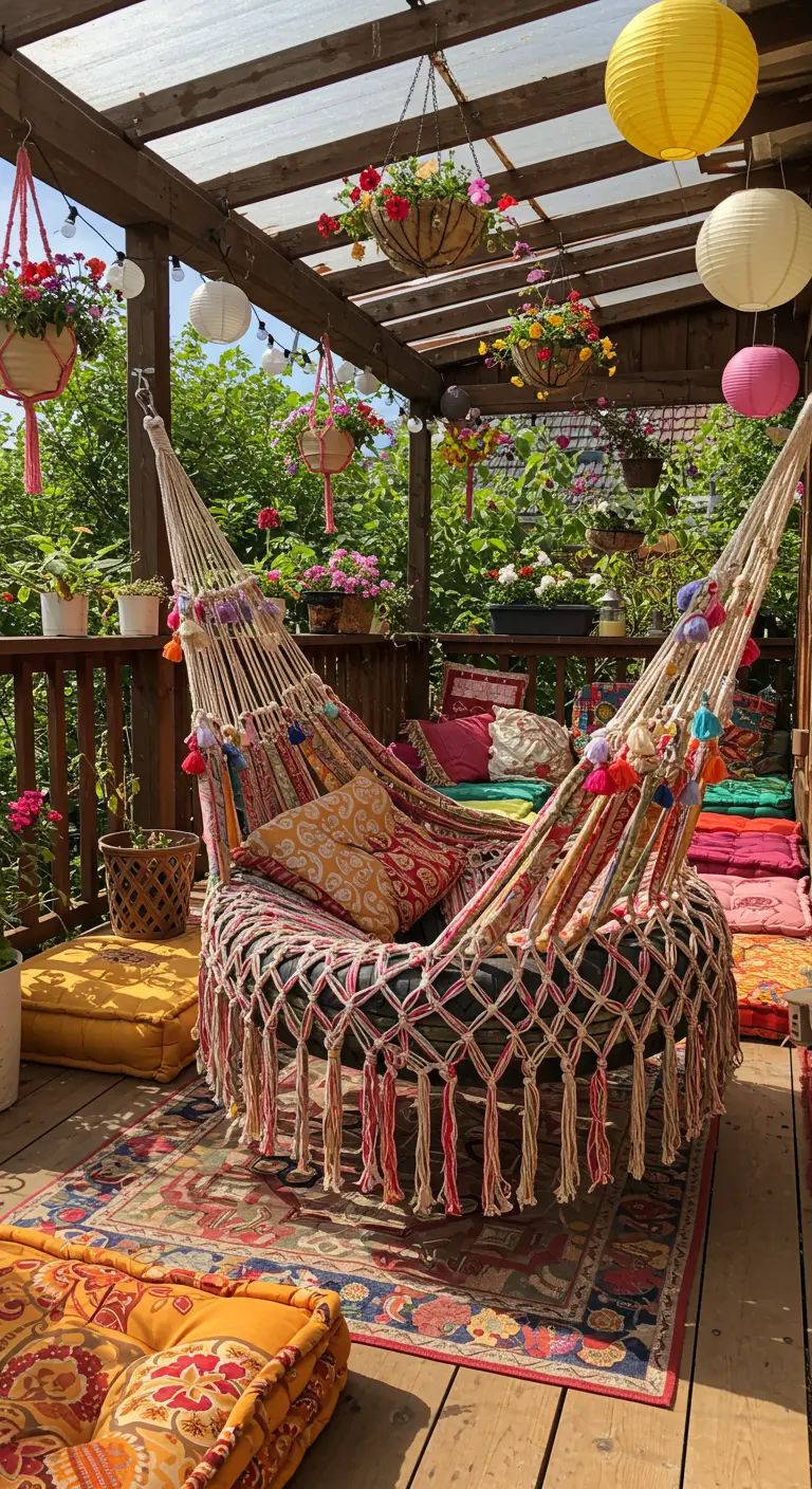 Colorful macramé tire hammock chair with tassels on a vibrant deck.