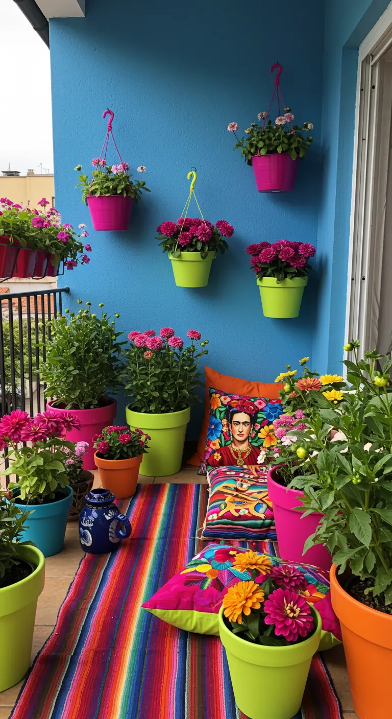 A vibrant, Frida Kahlo-inspired balcony with a blue wall and brightly colored pots and textiles.