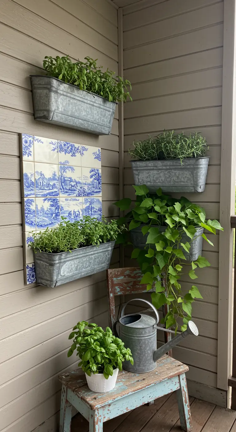 French country balcony with galvanized herb planters and a blue and white tile mural.