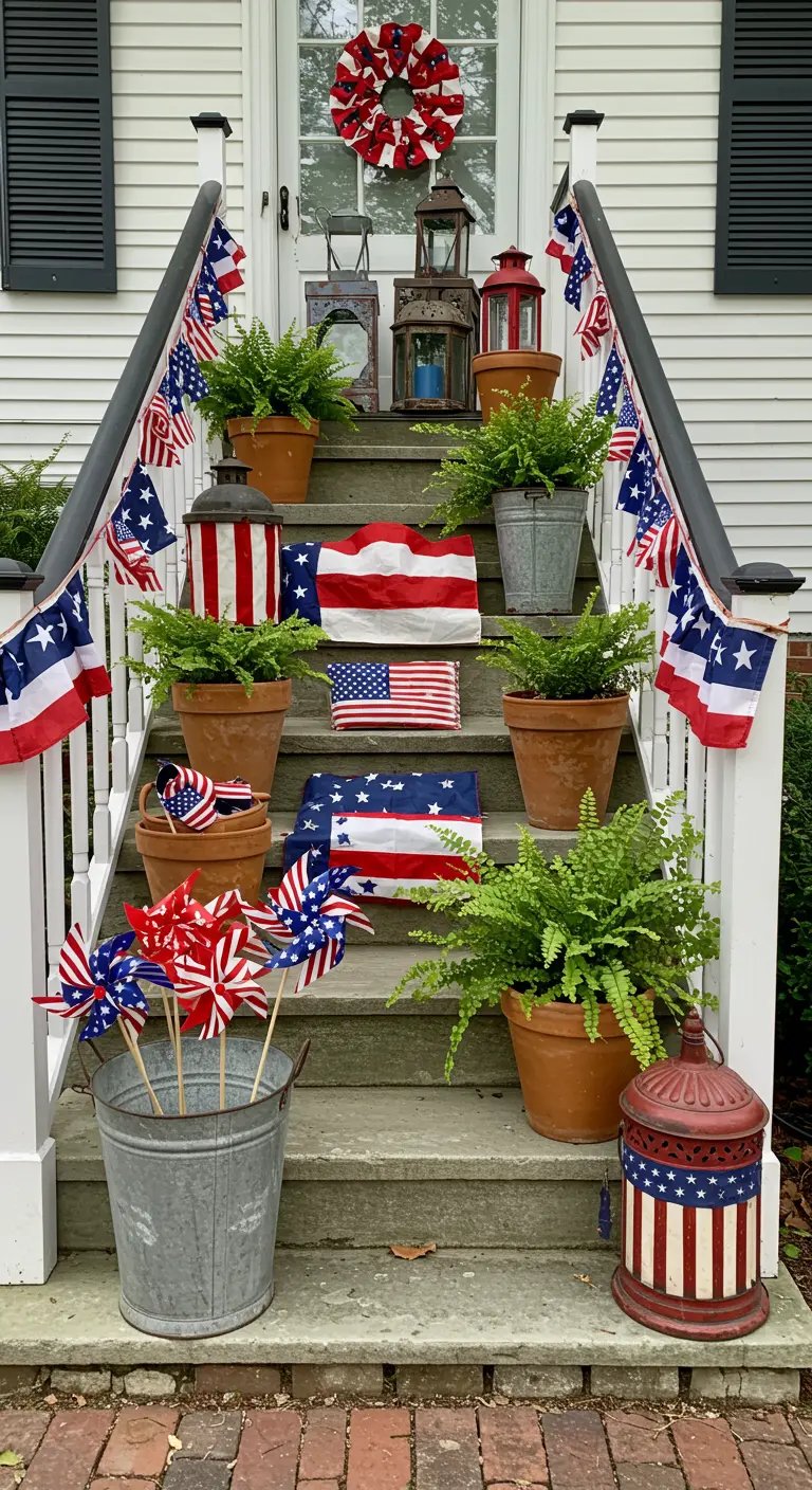 Front steps decorated with layered flags, potted ferns, and antique-style lanterns.