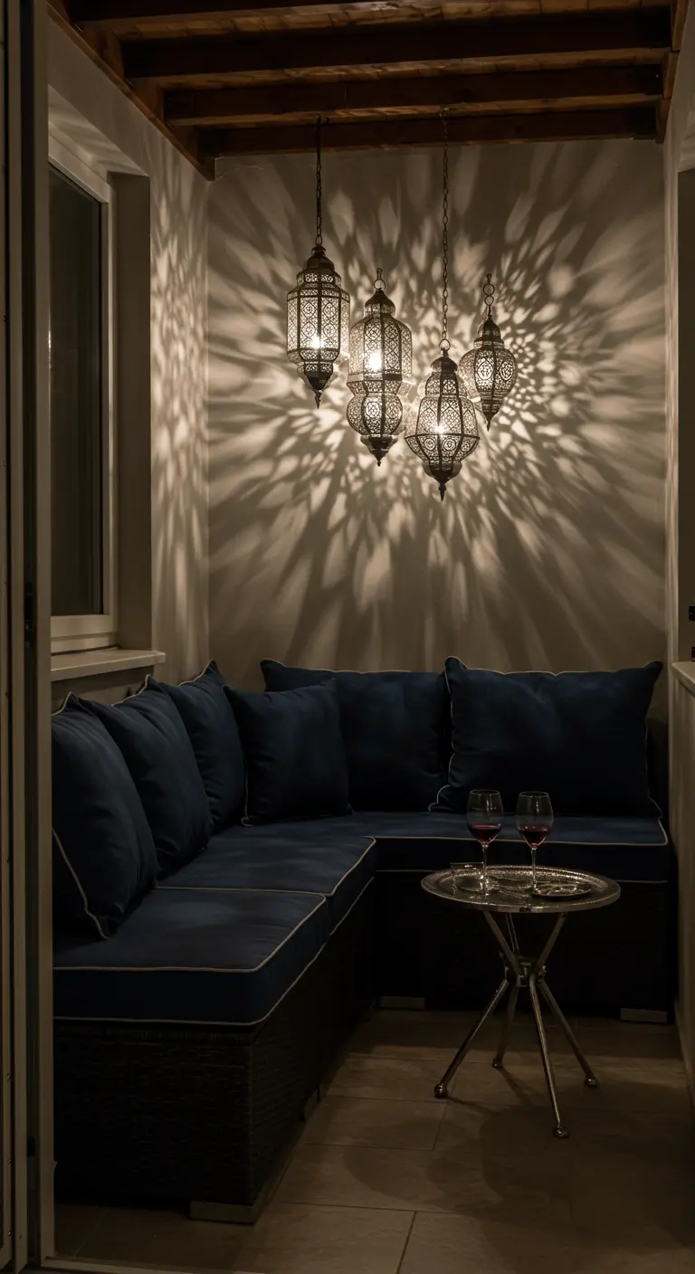 Cozy balcony with dark blue cushions and patterned light from hanging Moroccan lanterns.