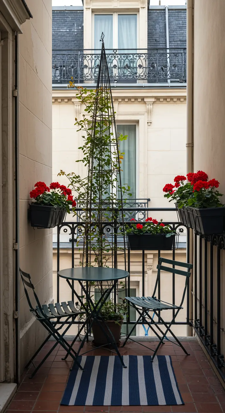 A narrow Parisian balcony with a bistro set, a tall obelisk trellis, and red geraniums.