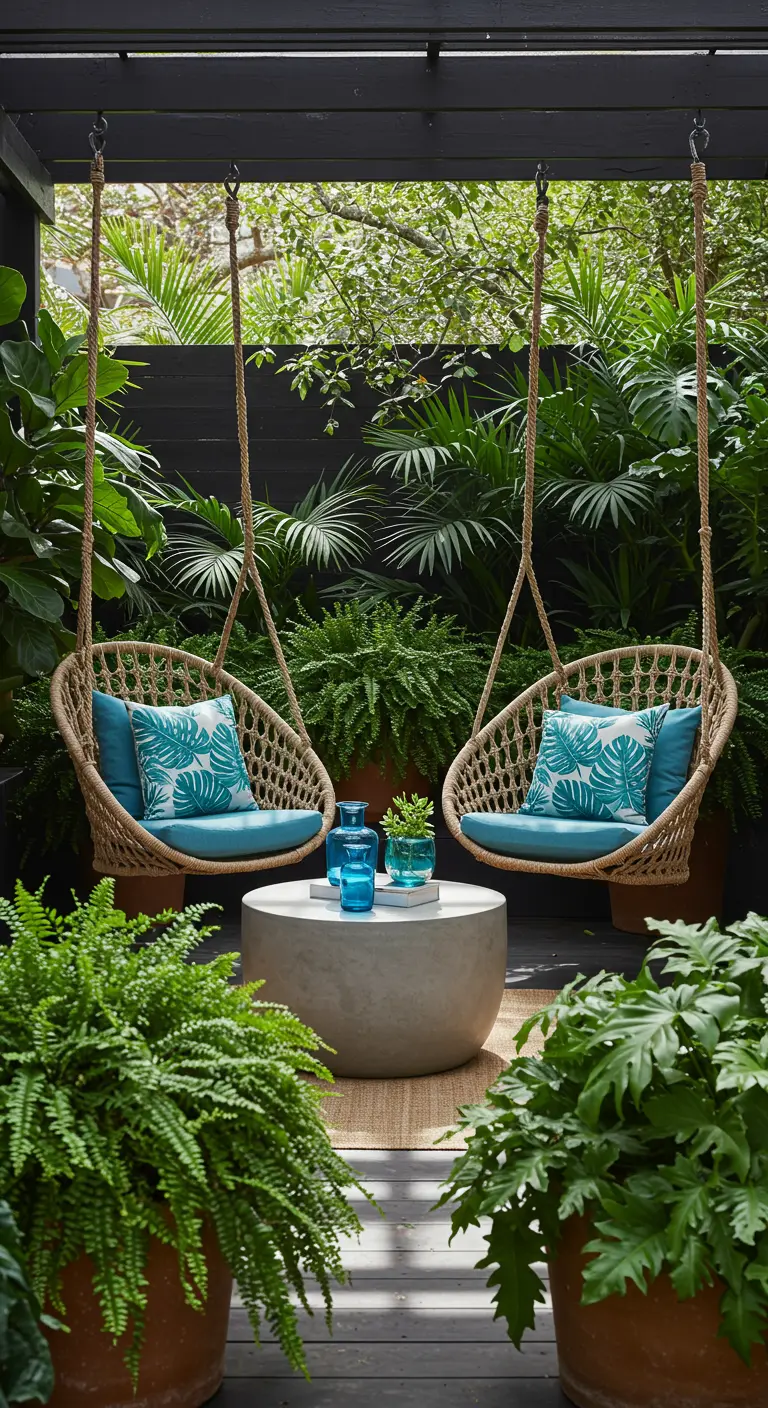 Two rope swing chairs facing each other in a dense green garden with a concrete table.
